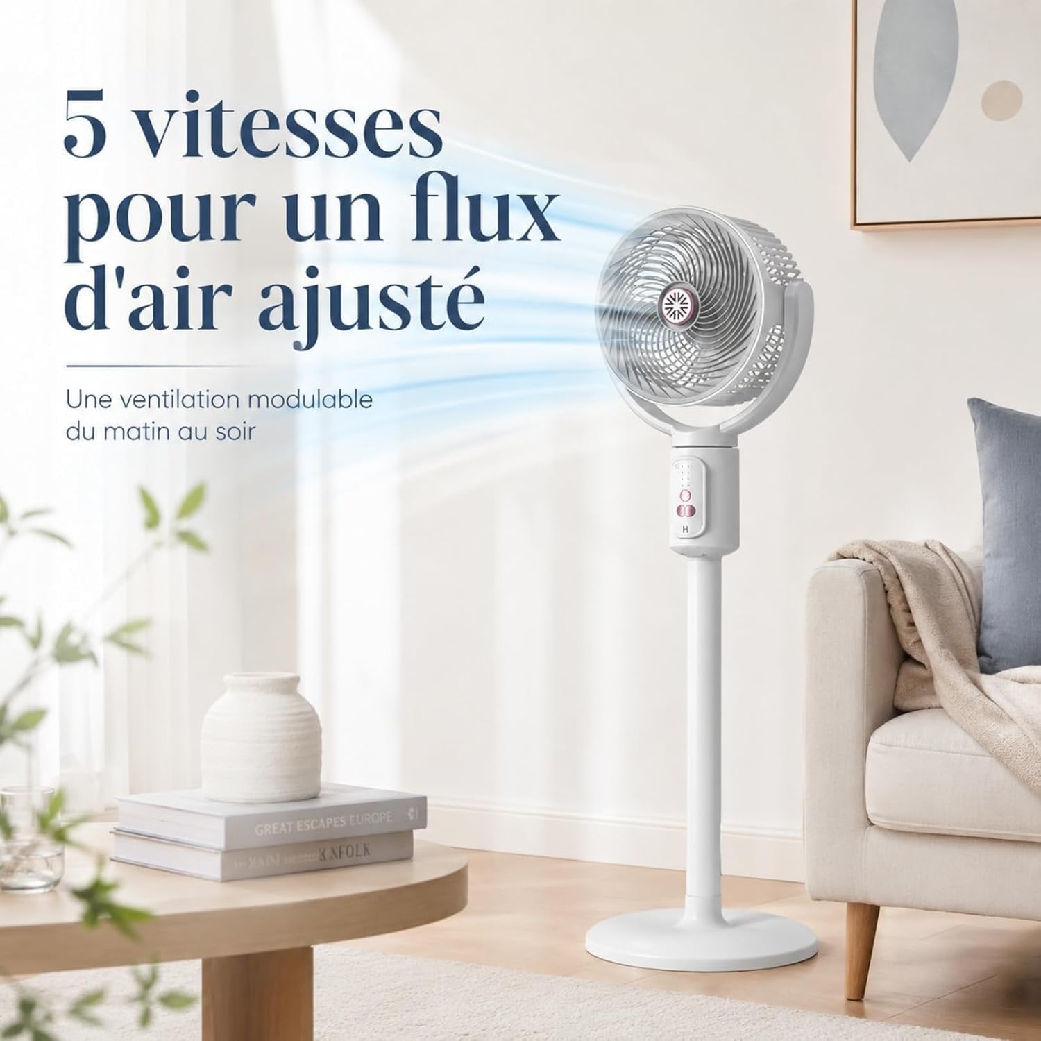 Ventilador de columna interior recargable, aire altura ajustable | Circulador con temporizador y mando a distancia for oficina, dormitorio, salón, cocina(B)