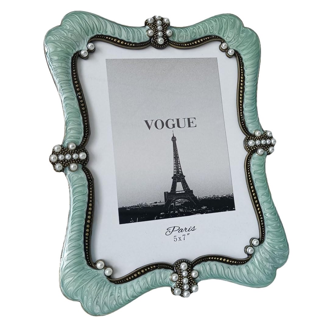 5x7 Inch Vintage Metal Picture Frame, Antique Green Ornate Photo Frame with Easel Back, for Wall Hanging or Tabletop Display, Horizontal & Vertical Baroque Home Decor for Gallery Wall, Art Gift