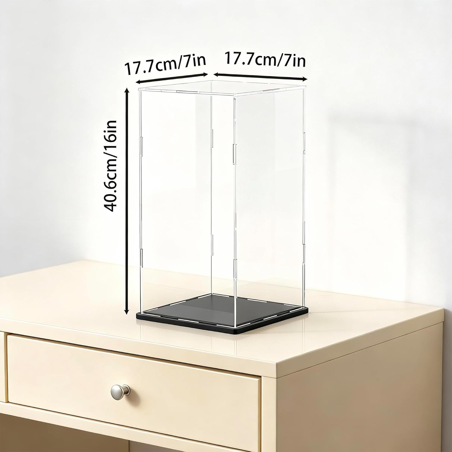 Acrylic Display Case with Matt Black Base and Lid, Dust-Proof Acrylic Box, Tall Showcase Counter-Tops Box for Red Wine Bottles, Figures, Dolls and Colletables (7x7x16 inch)