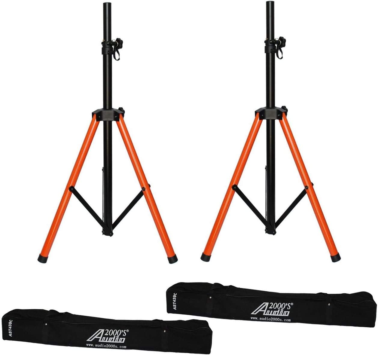 Audio2000'S AST439C2 Dual-Pack Tripod PA Speaker Stands with High-Visibility Orange Tripod Base for Added Safety and Style and with 2 Durable Canvas Carrying Bags for Storage and Transportation