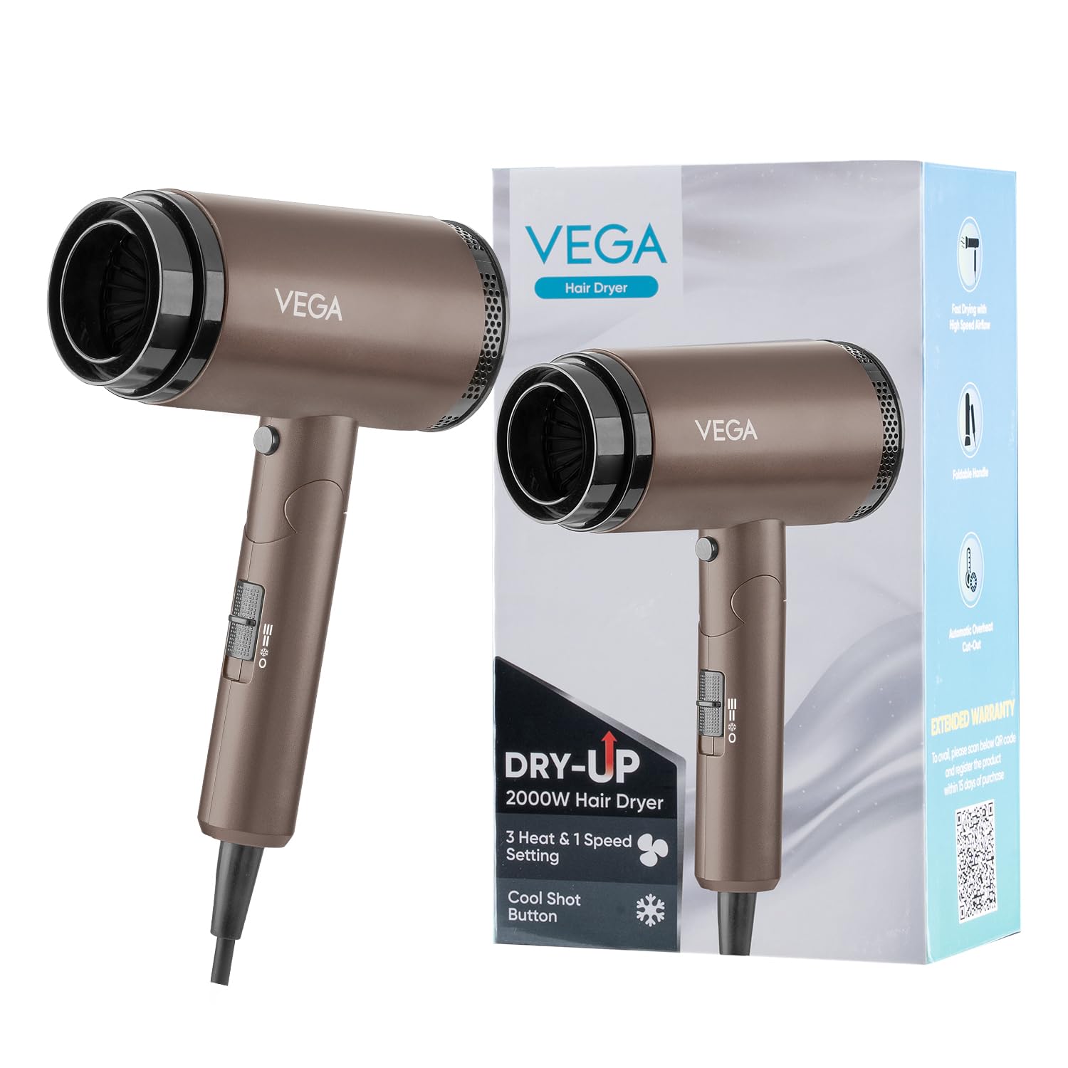Vega Dry-Up 2000 Watts Hair Dryer For Men & Women with 3 Heat & 1 Speed Setting & Cool Shot Button, Blow Dryer, Foldable Hair Dryer with Over Heat Cut-Out, Blow Dry Effortless Hair Style, (VHDH-36)