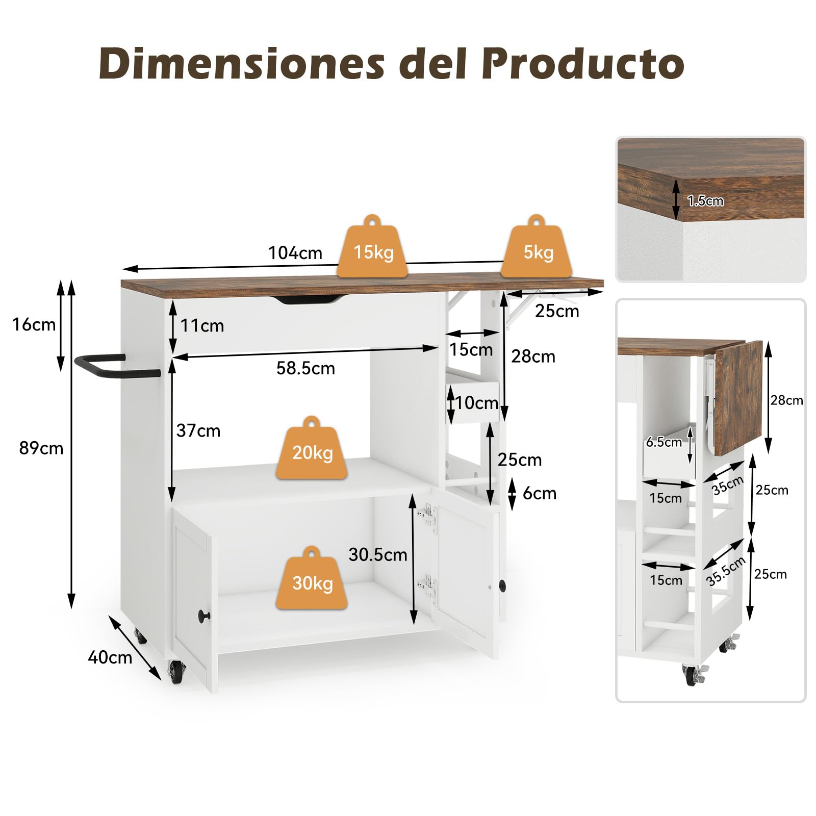 YU YUSING Isla de Cocina con Ruedas y Encimera Extensible, Carrito Cocina Compacto 104x40x89cm, Mueble Auxiliar de Cocina con 4 Estantes Abiertos, 2 Cajones, Puerta, Irador de Hierro, Cajón, Blanco