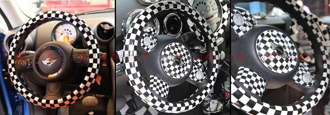 Kune JCW Checkered Flag Style Leather Steering Wheel Cover 15'' R52 R53 R54 R56 for Mini Coope R55 R56 R57-R60 Clubman Countryman