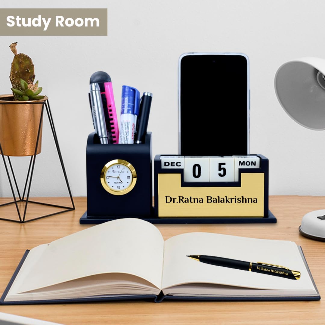 Giftana Personalized Desk Organizer with Pen Gift Set, 2 in 1 Customized Pen with Pen Stand for Doctors, Office Desk & Study, Table Watch & Calendar, Customised Corporate Gift Set (Golden)