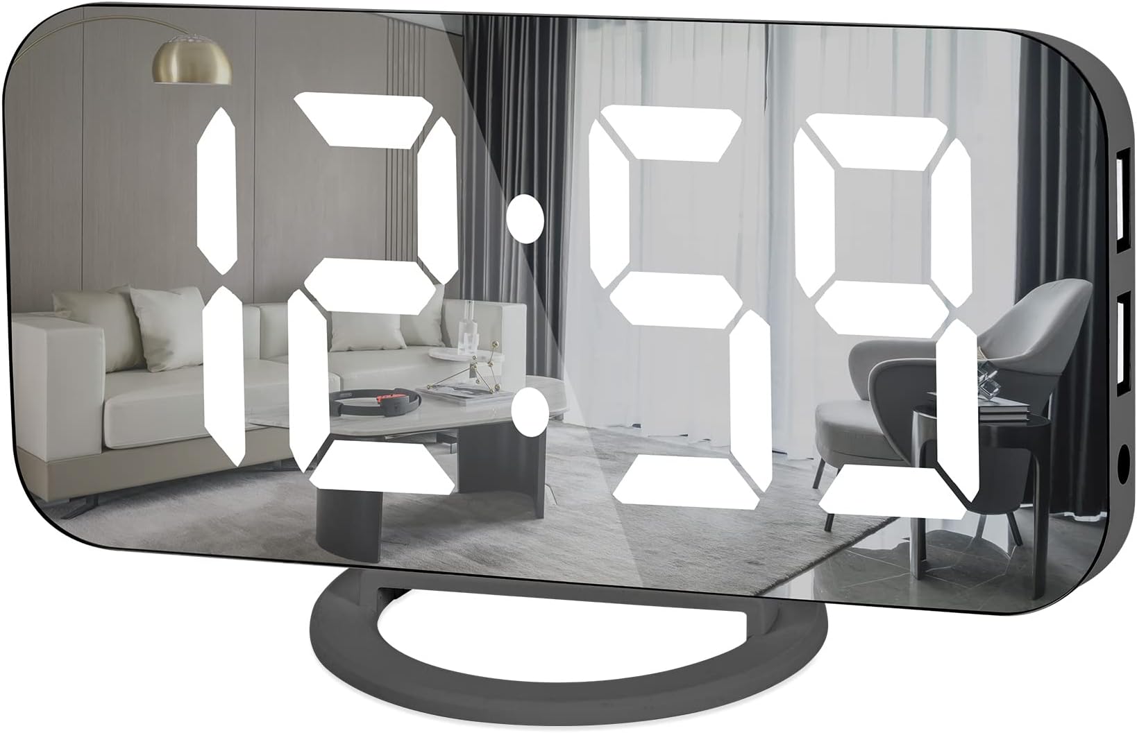 Ygdigital Digital Alarm Clock,6.5 Inch LED Mirror Electronic Clocks,with 2 USB Charging Ports,Snooze,12/24H,3 Adjustable Brightness,for Bedroom Home Office (Black)