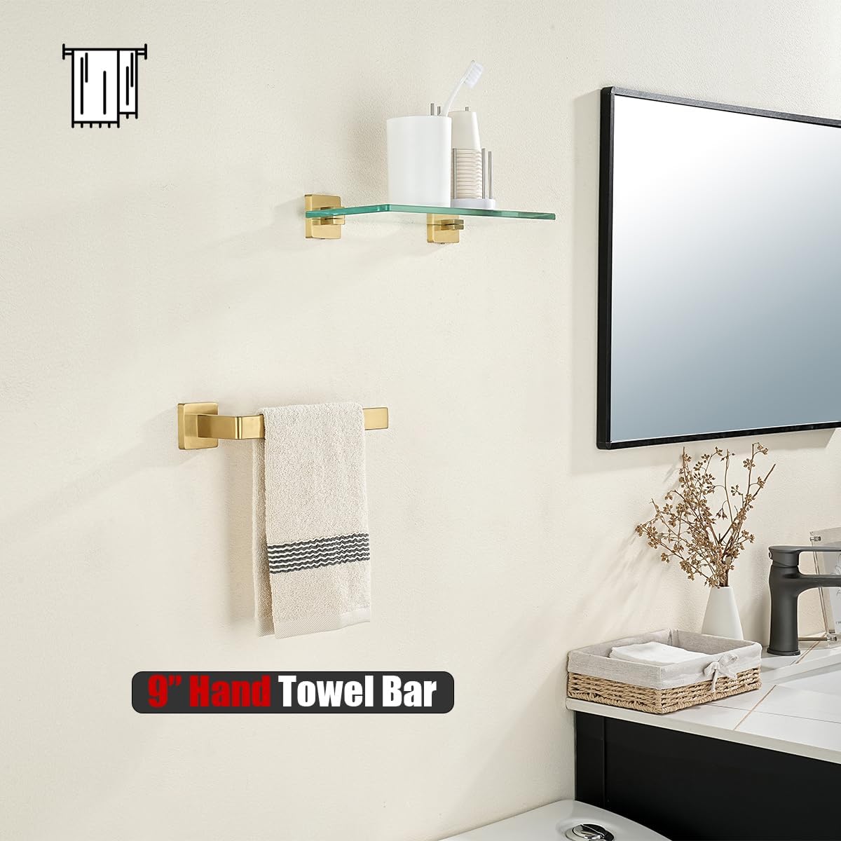 JQK Hand Towel Holder Towel Ring Gold, Thicken 0.8mm 304 Stainless Steel Bathroom Hand Towel Bar, 9 Inch Wall Mount Towel Rack Hanger, Brushed Gold, THH250L9-BG