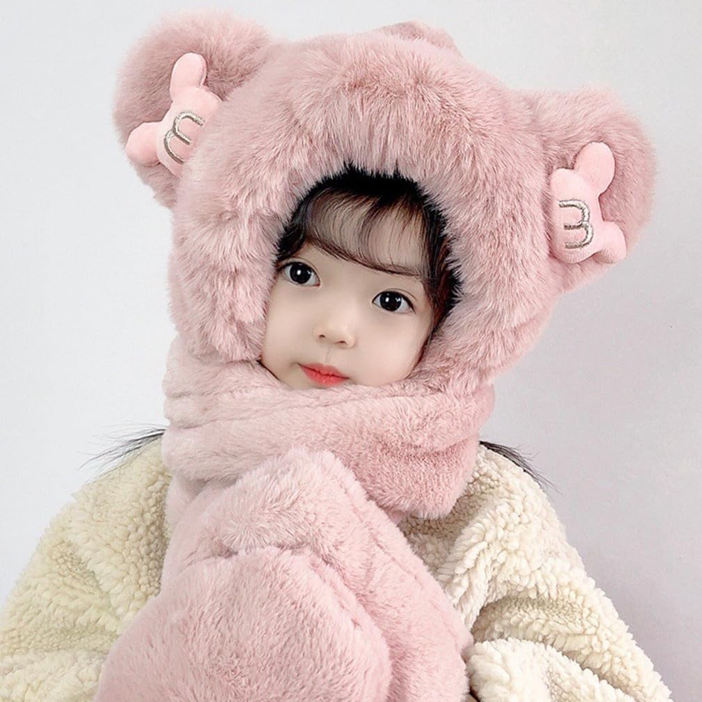 Kids Winter Hat Scarf Mittens 3 in 1 Faux Fur Hat Hooded Scarf Earflap Cap Neck Warmer Fuzzy Hoodie Ski Snow Cap Gloves Set