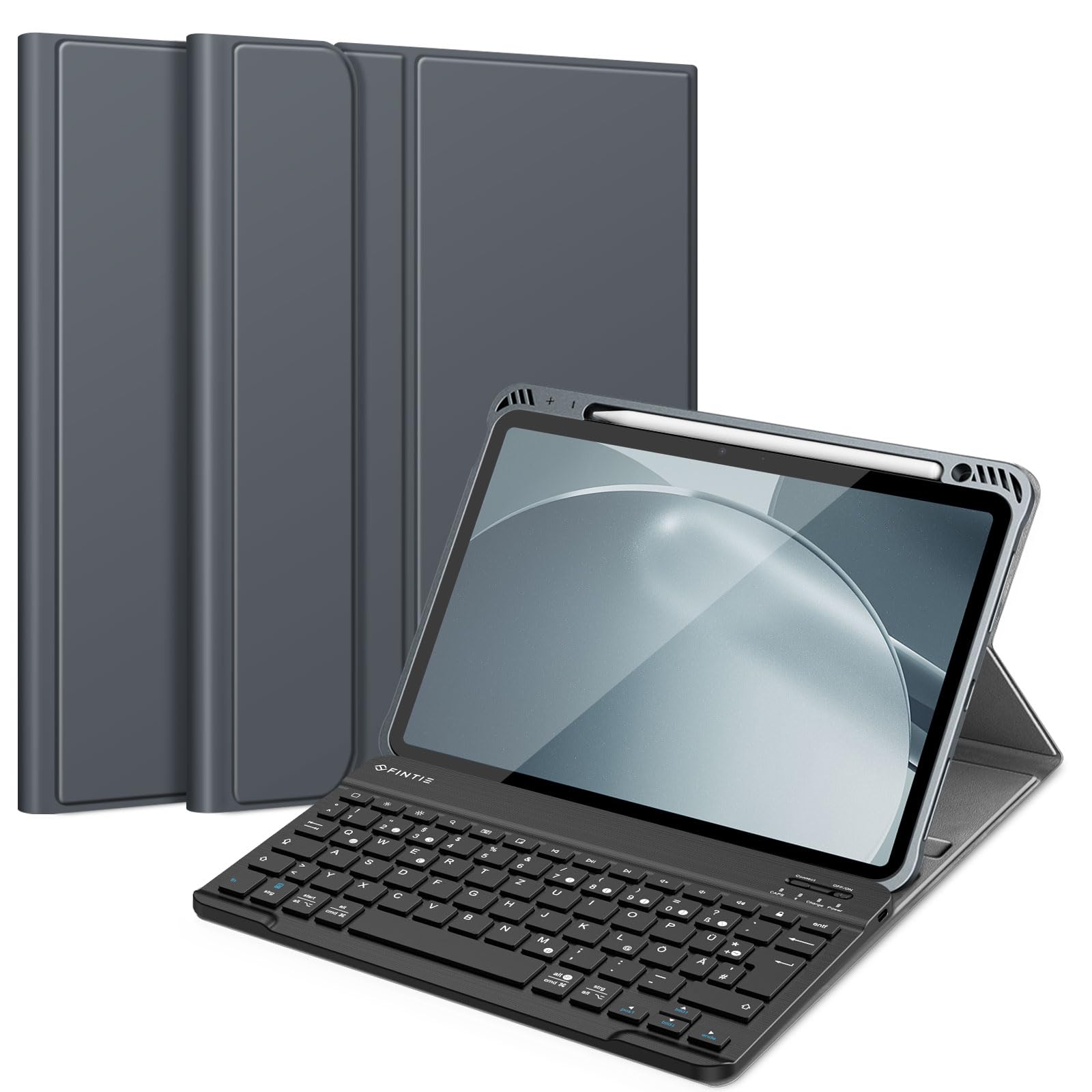 FINTIE Hülle mit Tastatur für iPad Air 11 Zoll M4/M3/M2 (2026/2025/2024), iPad Air 5./4. Gen 10,9 Zoll, TPU Rückschale Schutzhülle mit Stifthalter, magnetisch Abnehmbarer QWERTZ Keyboard, Himmelgrau