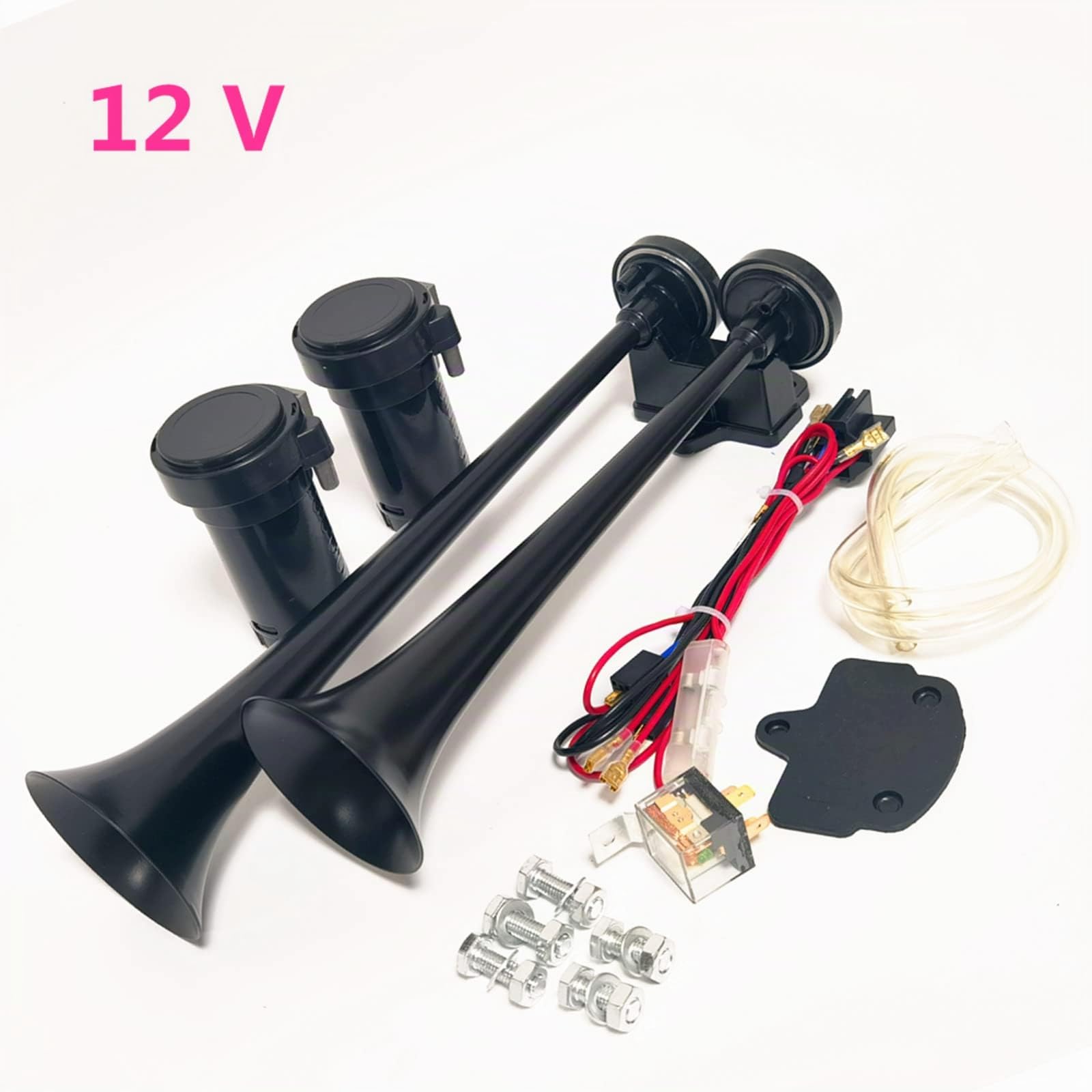 Klaxon de voiture Klaxon à air noir 12V Car Horn Klaxon de camion 165db double tonalité haute et basse Chrome Zinc Trompette à double tube avec deux pompes à air pour 12V voiture bateau etc