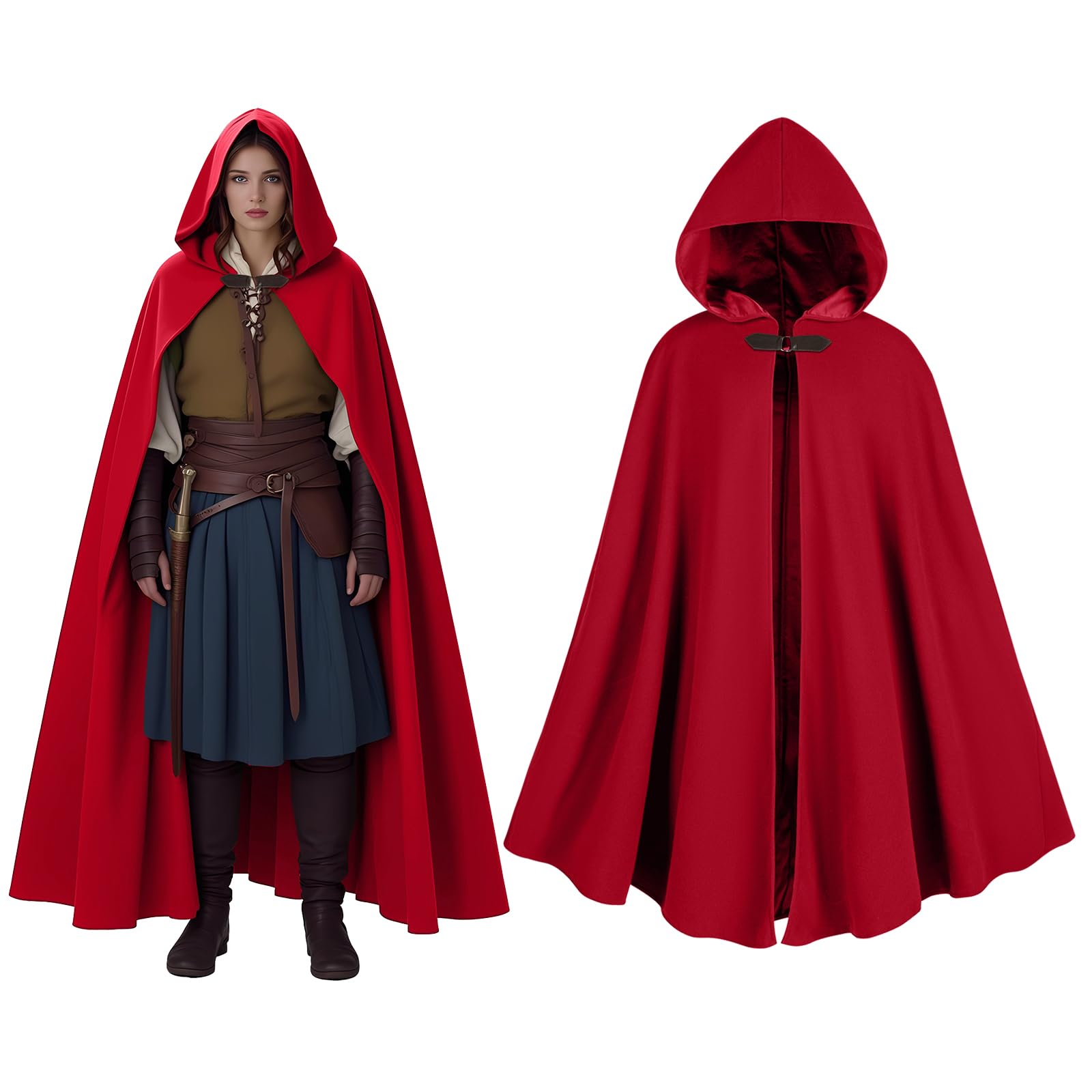 CNVAUIE Renaissance Snapback Hooded Coat Medieval Costumes Men's Witch Halloween Costumes Hooded Coat (Wine Red)