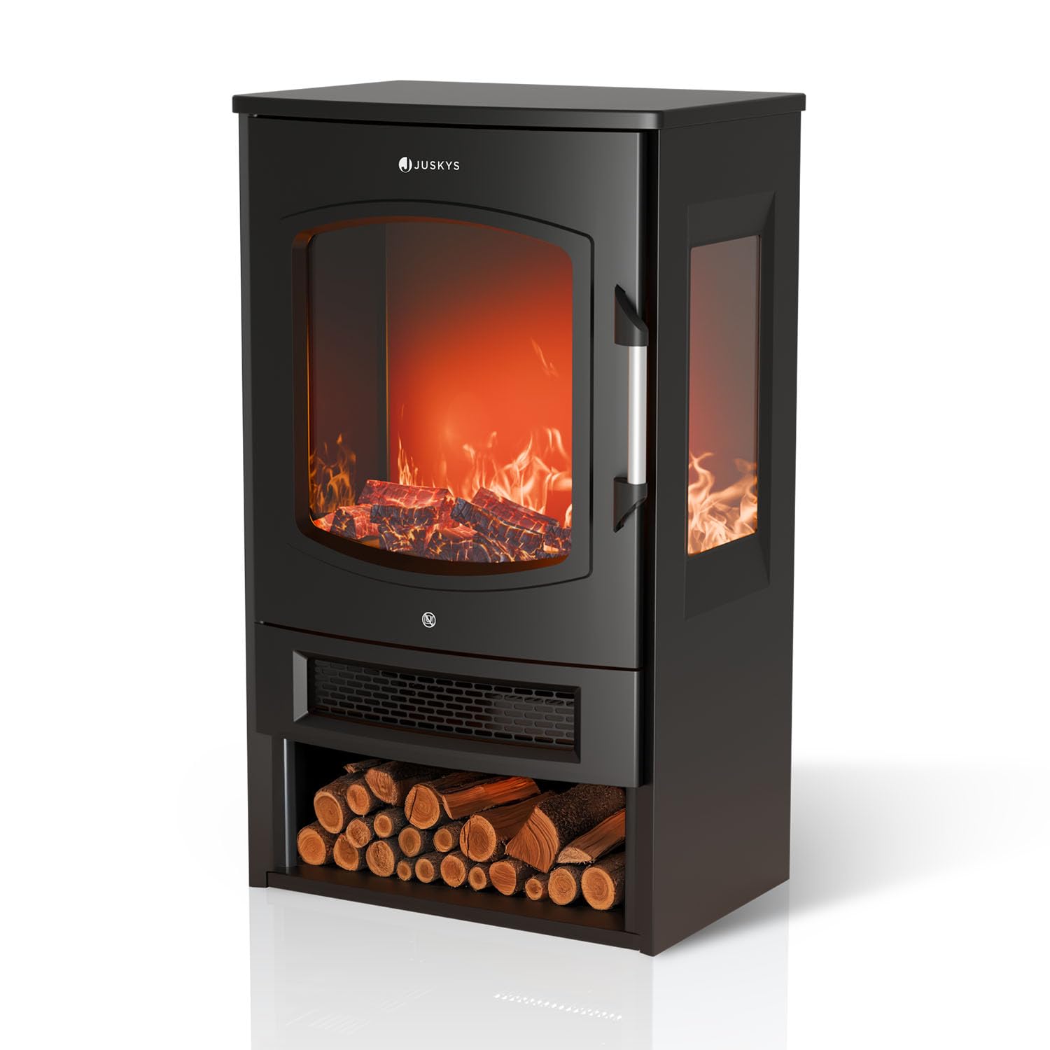 Juskys® Elektrokamin 1800W — Schwarz, elektrischer Standkamin mit LED-Flammeneffekt, WLAN/App-Steuerung, Fernbedienung