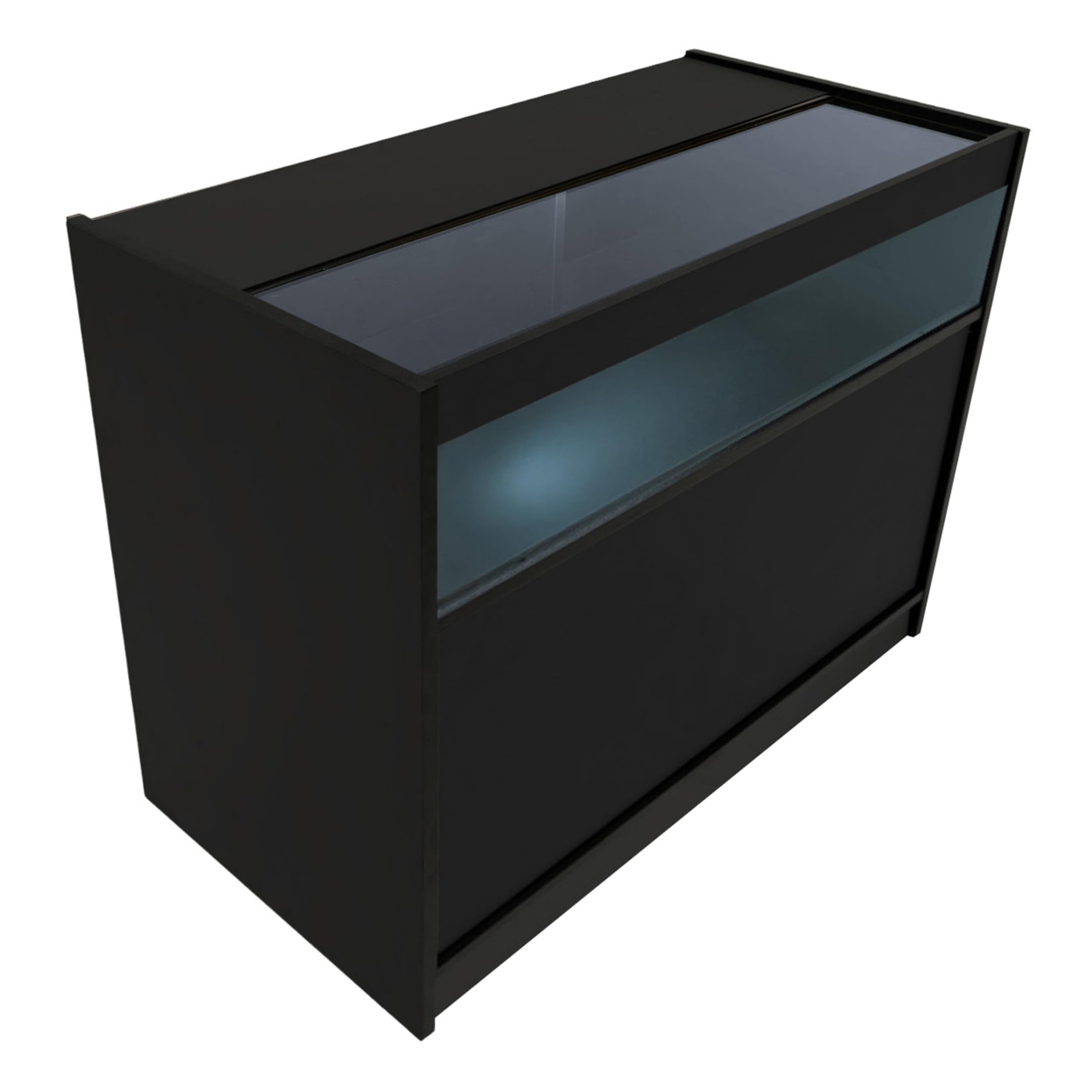 Comptoirs de Vente en MDF Noir à LED Blancs Ensemble Harmonia LM60 B1200 C1200 3 Unités de Rangement Étagères Internes Portes Coulissantes Verouillables Réception Bureau Vêtements Bijoux [Clés INCLUS]