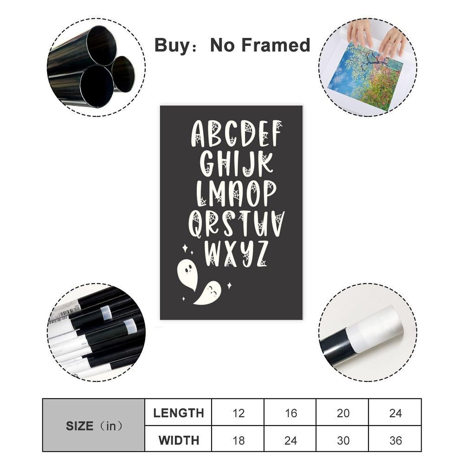 Poster sur toile de l'alphabet blanc sur fond noir pour l'apprentissage et l'éducation - Décoration murale pour salon, chambre à coucher - 61 x 91,4 cm (L x l)