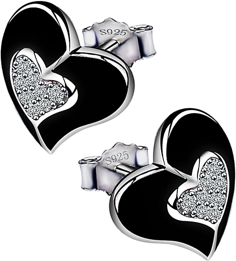 Viyino Ladies Jewellers 925 Sterling Silver Black Paint Heart Studs Earrings Cubic Zirconia for Women