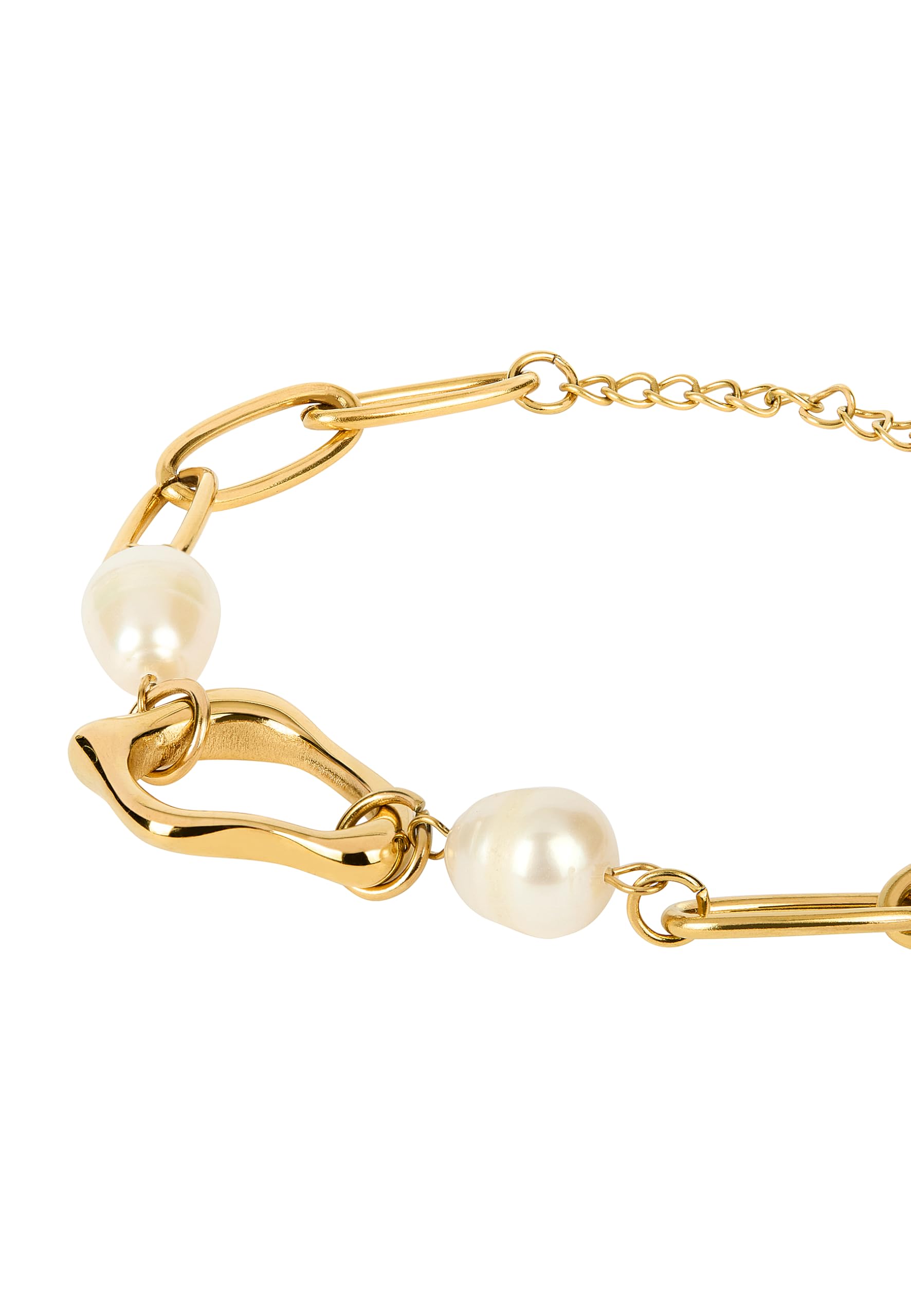 Breil, Collezione Amelié, Bracciale Donna in Acciaio IP Gold, con Perle e Catena ad Anelli Ovoidali, Elemento Fluido Centrale, Chiusura a Gancio, Lunghezza Regolabile fino a 15 cm