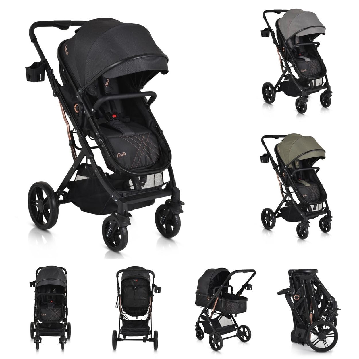 Moni cochecito Rafaello 2 en 1, convertible, asiento deportivo, cubrepiés, bolsa, colores:​negro