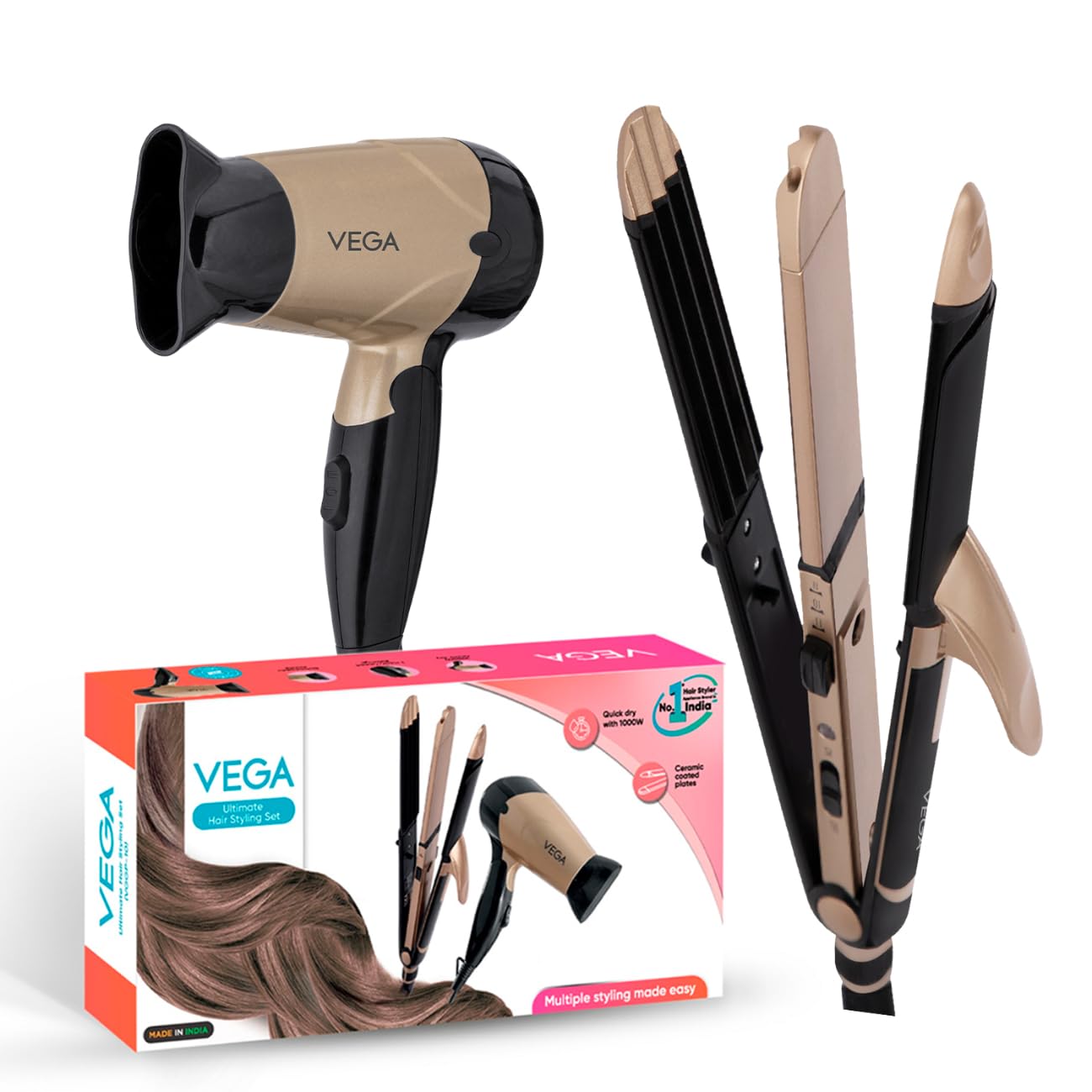 Vega Hair Dryer and Straightener Combo Includes: 3 in 1 Hair Styler and Blooming