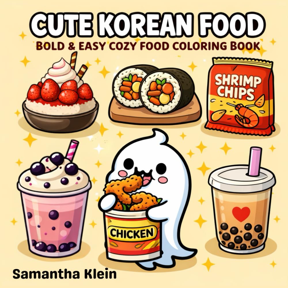 Cute Korean Food Bold & Easy Cozy Food Coloring Book for Kids and Adults