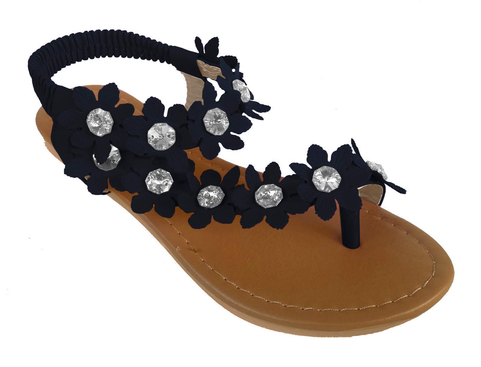 J.J. Elegant Women's Fashion Black Hawaiian Flowers Gladiator Flat Sandals