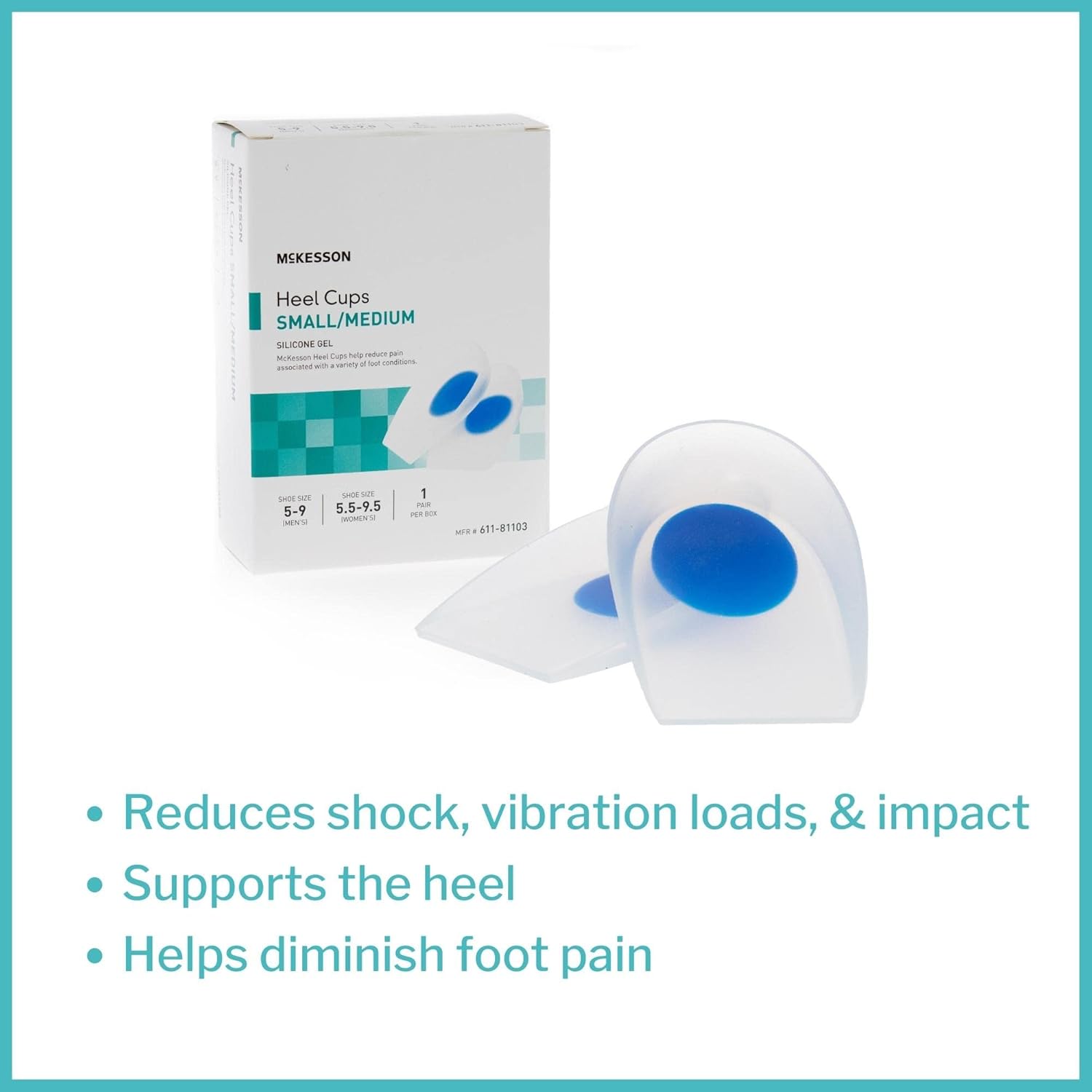 McKesson Heel Cups - Silicone Gel, U-Shaped, Supportive, Blue and Transparent - Small, Medium Size, 6 Count