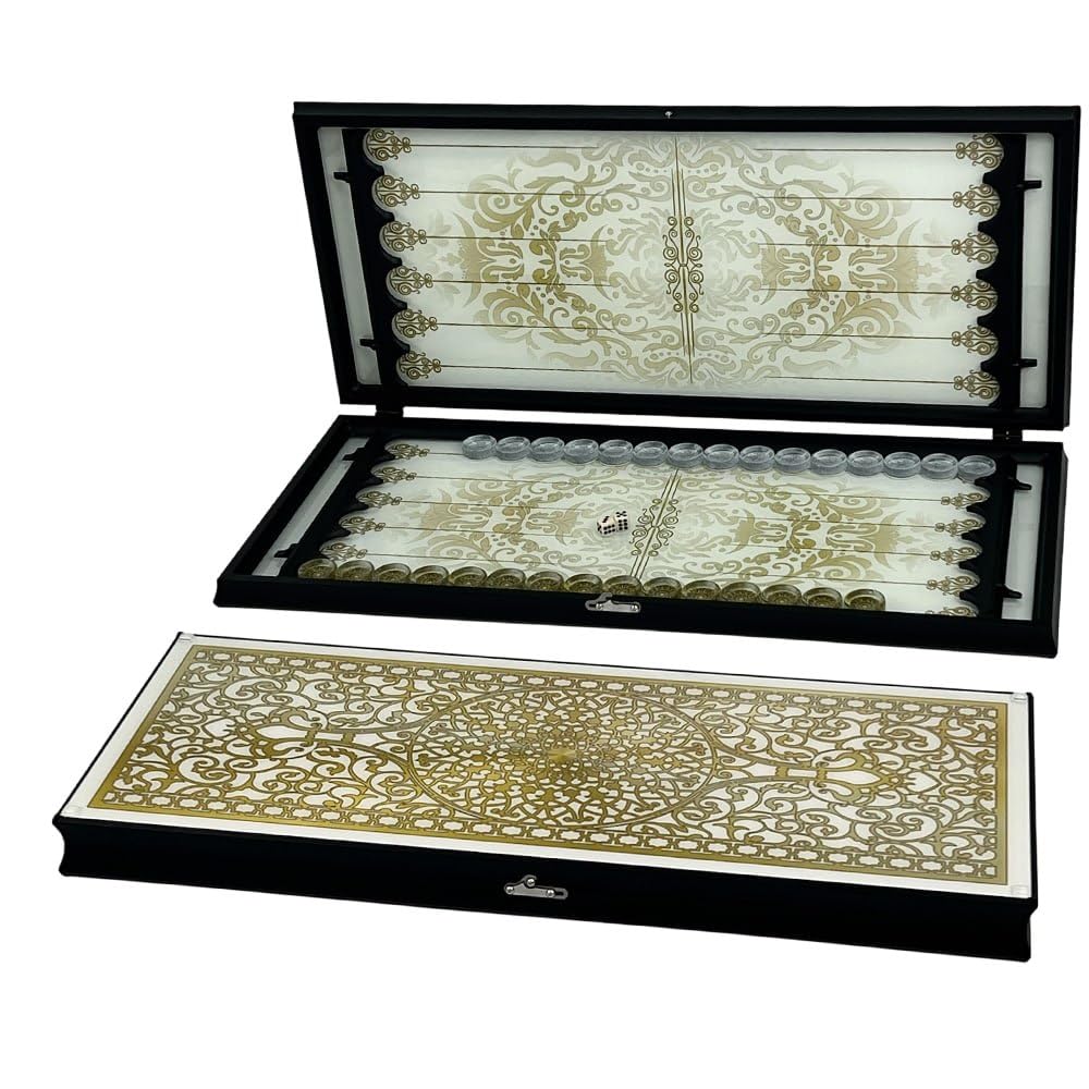 Ensemble de luxe Backgammon en verre – Édition Royal White & Gold – Jeu de société exclusif avec verre trempé et cadre en aluminium – Coffret élégant design baroque