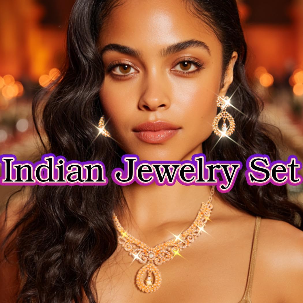 JEAIRTS Rhinestone Indian Bridal Jewelry Set Gold Crystal Necklace Earrings Maang Tikka Traditional Wedding Party Accessories for Women - Image 3