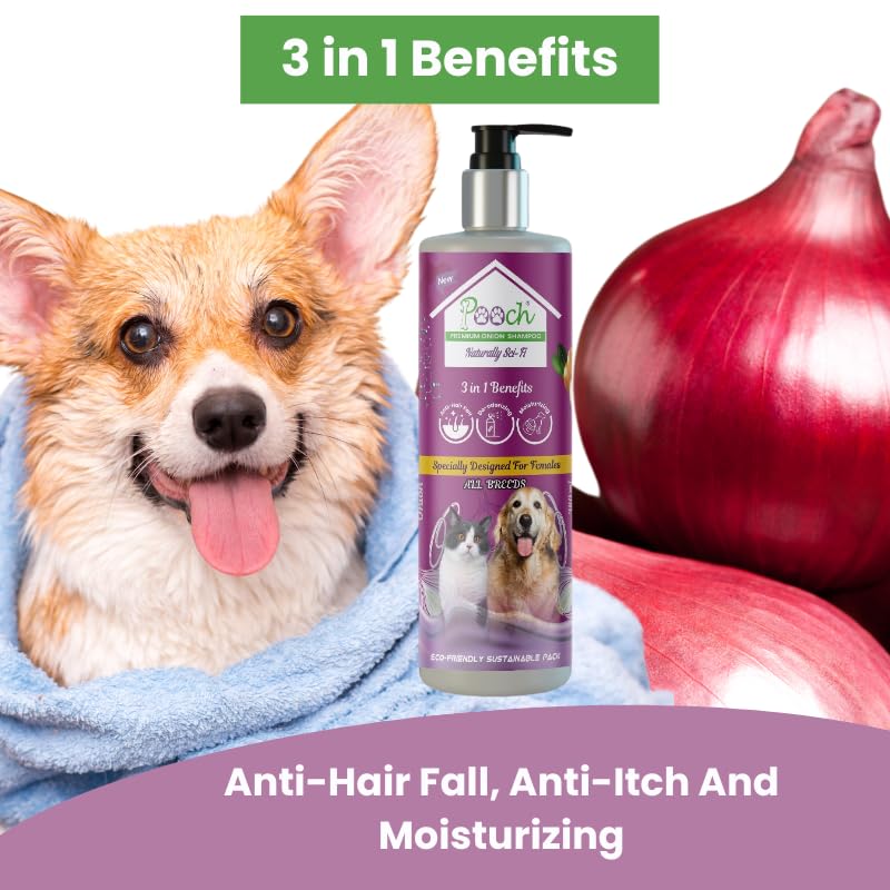 POOCH Premium Onion Female Shampoo 400ml| Designed in Dubai | Naturally Sci-Fi 3in1 | for Anti-Hair Fall, Anti-Itching, Moisturizing| Natural Extract of Onion| Soothing Relief, Hydration Hero 1