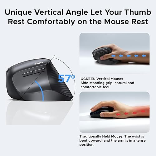 Miniatura 3 de UGREEN Ratón ergonómico, mouse vertical inalámbrico Bluetooth, modo dual (BT 5.4 y USB 2.4G), clics silenciosos, 4 DPI ajustables