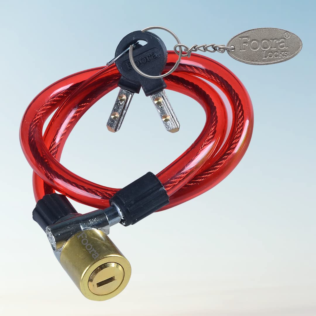 Foora Multipurpose Steel Cable Lock CL-02 Brass Coated | Cycle Bike Helmet Scooter Gate Security with 2 Ultra Brass Keys (22 inch) + Free Key Chain - Red (B0C192Z63R) Amazon Price History, Amazon Price Tracker