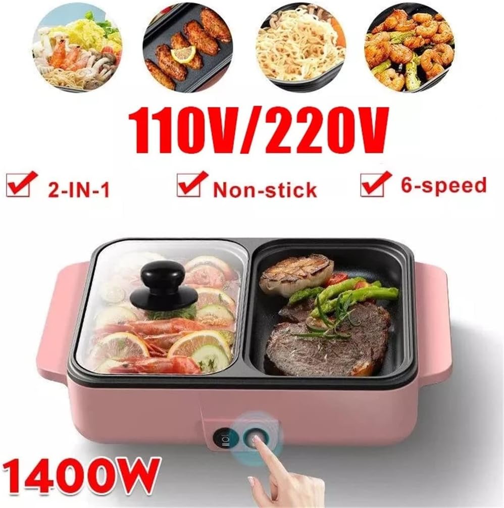 110V/220V 2 IN 1 Electric Hot Pot Cooker BBQ Grill Non Stick Plate Barbecue Pan Hot Pot 1400W (Color : White, Size : 34.5x25x8cm)
