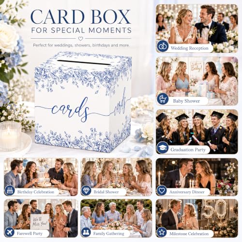 Image of Blue Floral Wedding Card Box with Slot for Baby Shower and Birthday | Roomy 8.7 Inch Cube Holds Cards and Envelopes While Keeping Gift Tables Neat at Weddings, Baby Showers and Birthday Parties