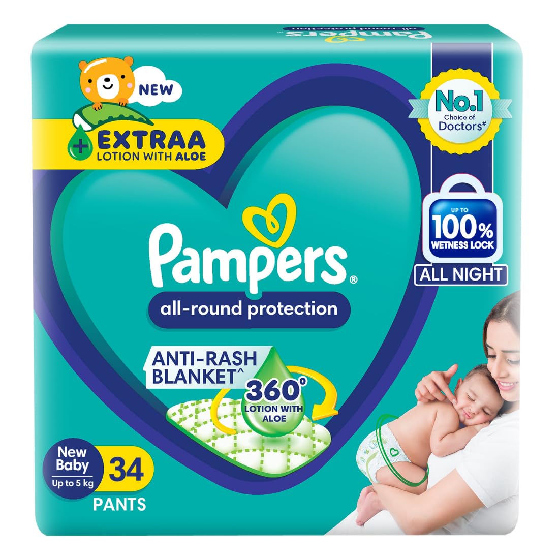 Pampers All round Protection Pants, Newborn, Extra Small size baby diapers (0-5kg) 34 Count, Lotion with Aloe Vera