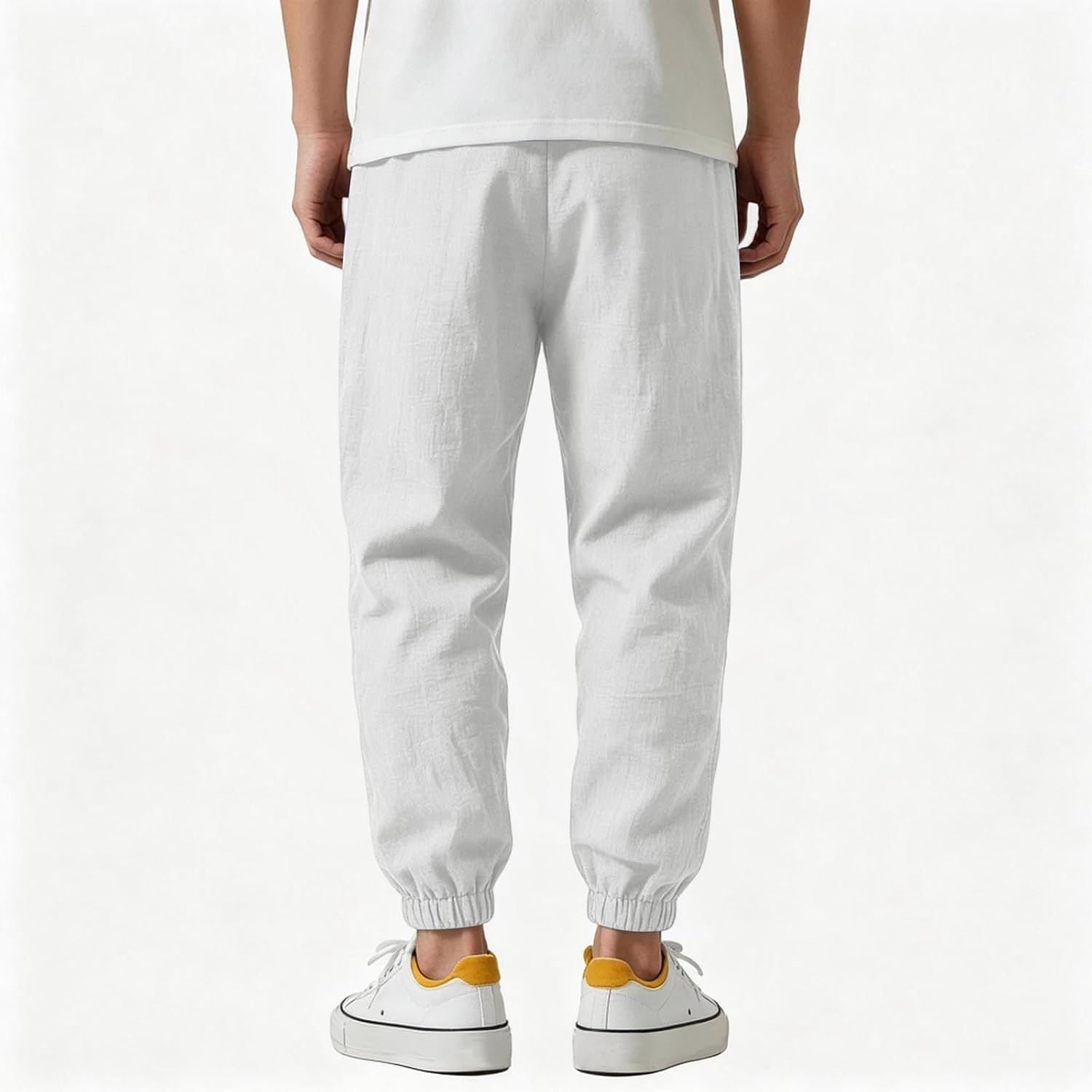 WENKOMG1 Cotton Linen Pants for Men Elastic Waist and Ankle Drawstring Baggy Style Lightweight Breathable Beach Pants