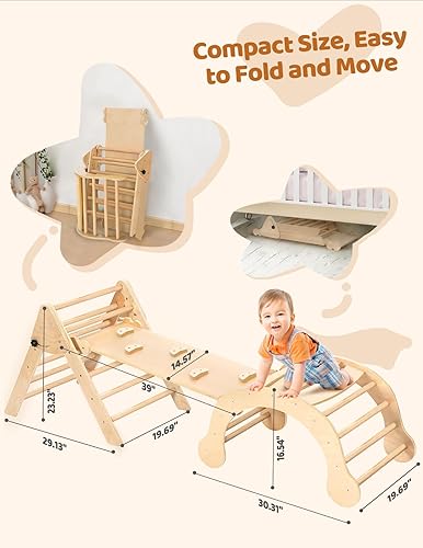 Miniatura 8 de YOLEO Juego de triángulos Pikler mejorado, triángulo de escalada Montessori plegable 7 en 1 con rampa y balancín de arco, juguetes de escalada