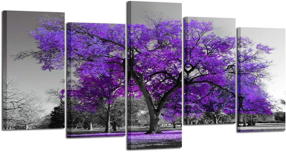 KREATIVE ARTS Purple Tree Wall Art for Living Room Landscape Canvas Prints 5 Panel Black Picture Modern Artwork Contemporary Nature Painting (XLarge Size 80x40inch)