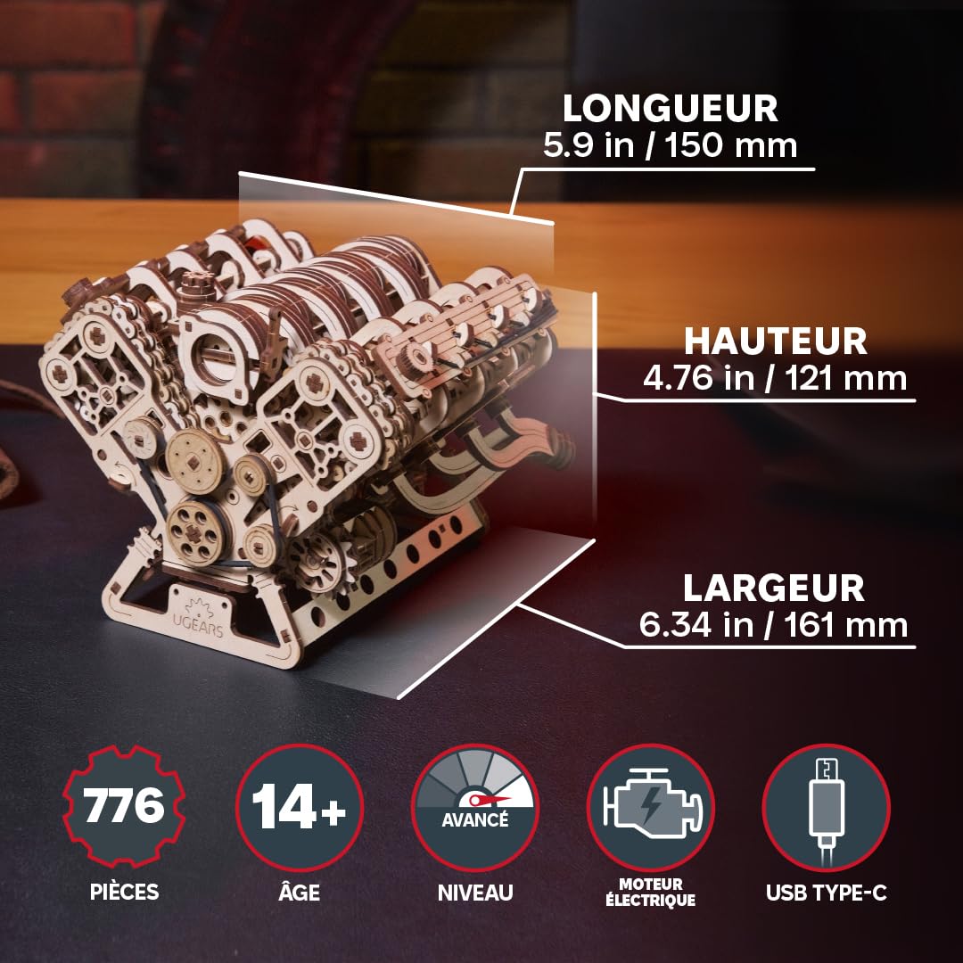 UGEARS V8 Engine Model Kit - Puzzle 3D Avanzato in Legno per Adulti - Kit Fai Da Te per Adulti Regalo per Ingegneri - Kit Modello Motore 3D per la Festa del Papà, Compleanni, Natale - 776 Pezzi