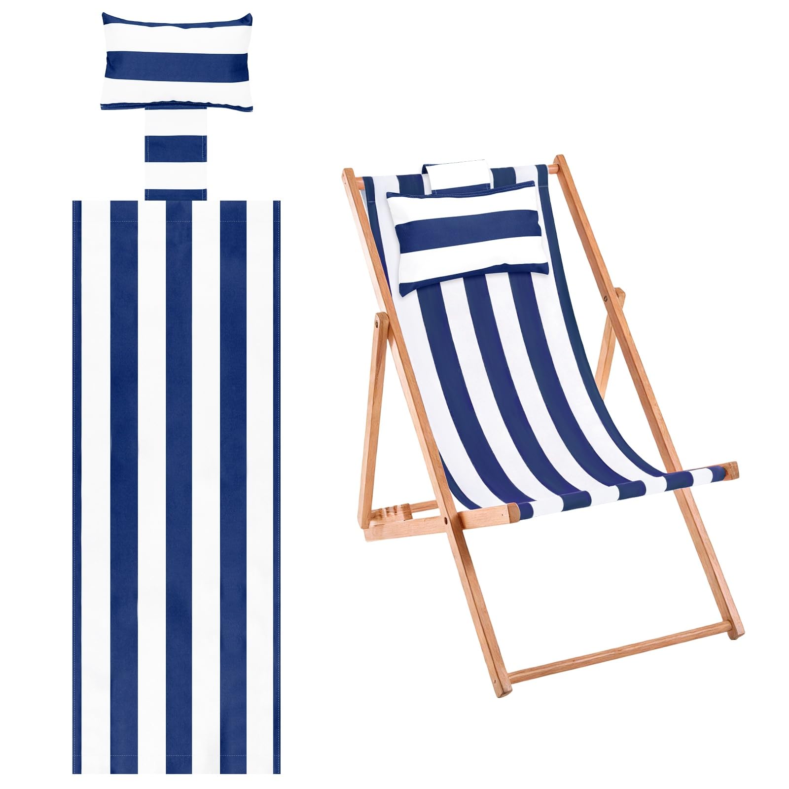 M METERXITY Beach Sling Chair Replacement Canvas, 16x44.5 Inch Folding Lounge Chair Fabric with Pillow for Beach/Sunbathing/Courtyard/Garden [Striped Dark Blue, Only Replacement]