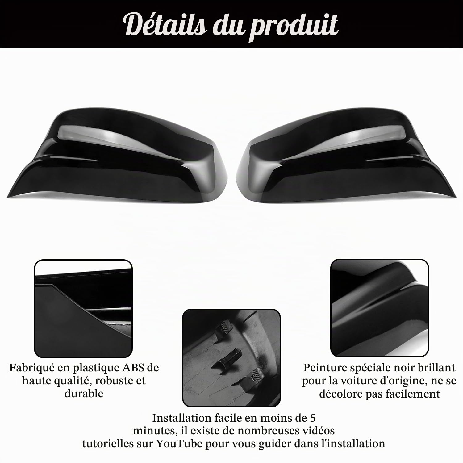 Coques de Rétroviseurs pour Voiture, Porte Latérale Aile Rétroviseur ABS pour Voiture Compatible avec BMW 6 series E63 E64 630ci 630i 5 series E60 E61 520i 523i 525i, Noir Brillant, 1 Paire