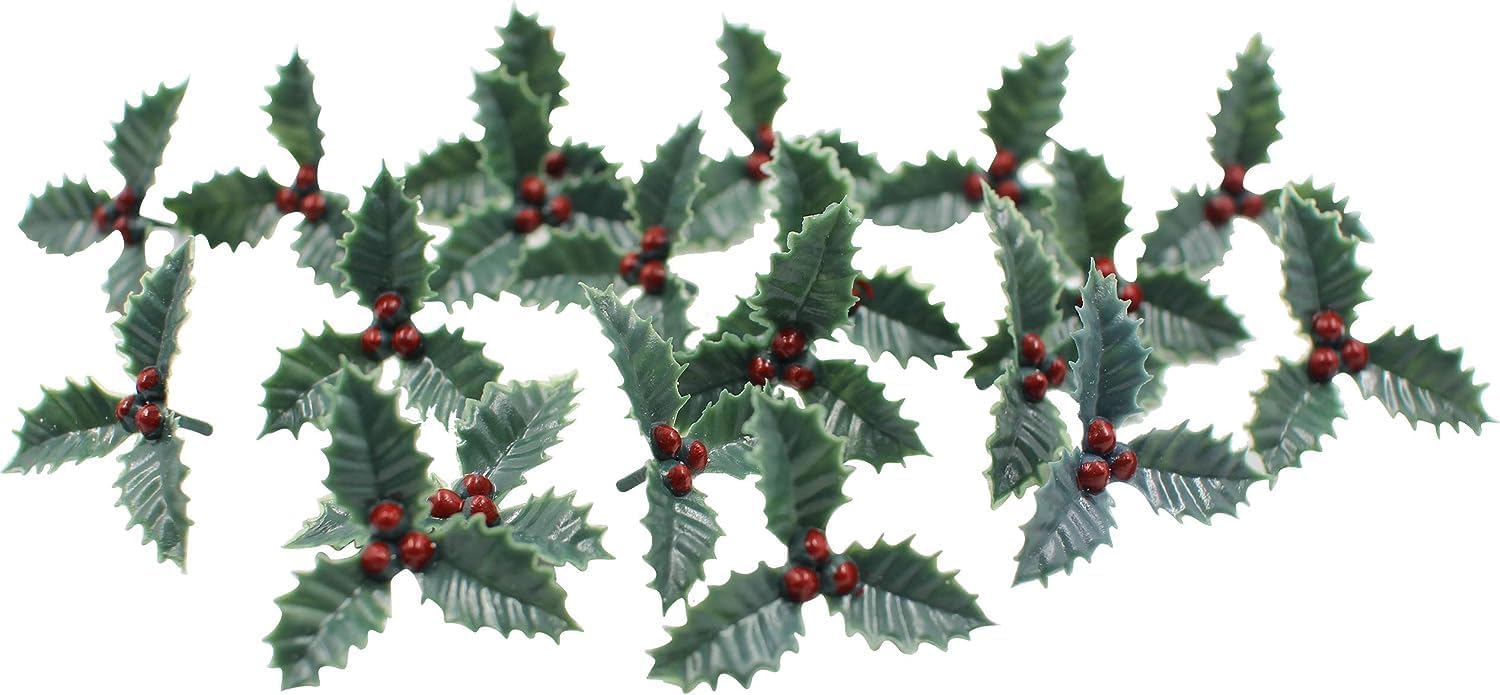 evelay 20pcs Christmas Cake Decoration Artificial Holly Berries and Leaves Plastic Small Cupcake Topper Crafts Decor