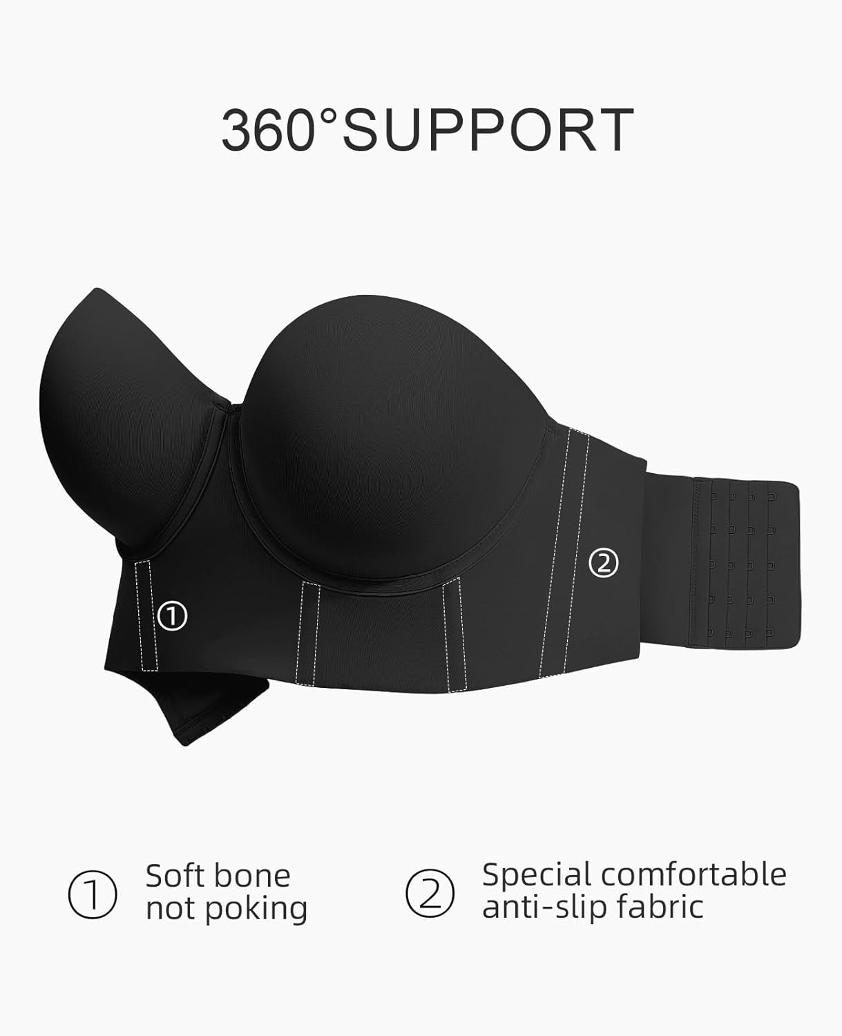Longline Strapless Bras for Women Large Bust Plus Size Corset Lift Up Full Coverage Bra Black - Image 6
