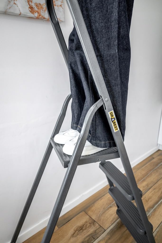 DRABEST Scaletta per Casa in Acciaio con Finitura Verniciata a Polvere e Piattaforma – Scaletta a 6 Gradini con Piattaforma – Pieghevole per la Casa – 125 Kg – 49x197x8 cm
