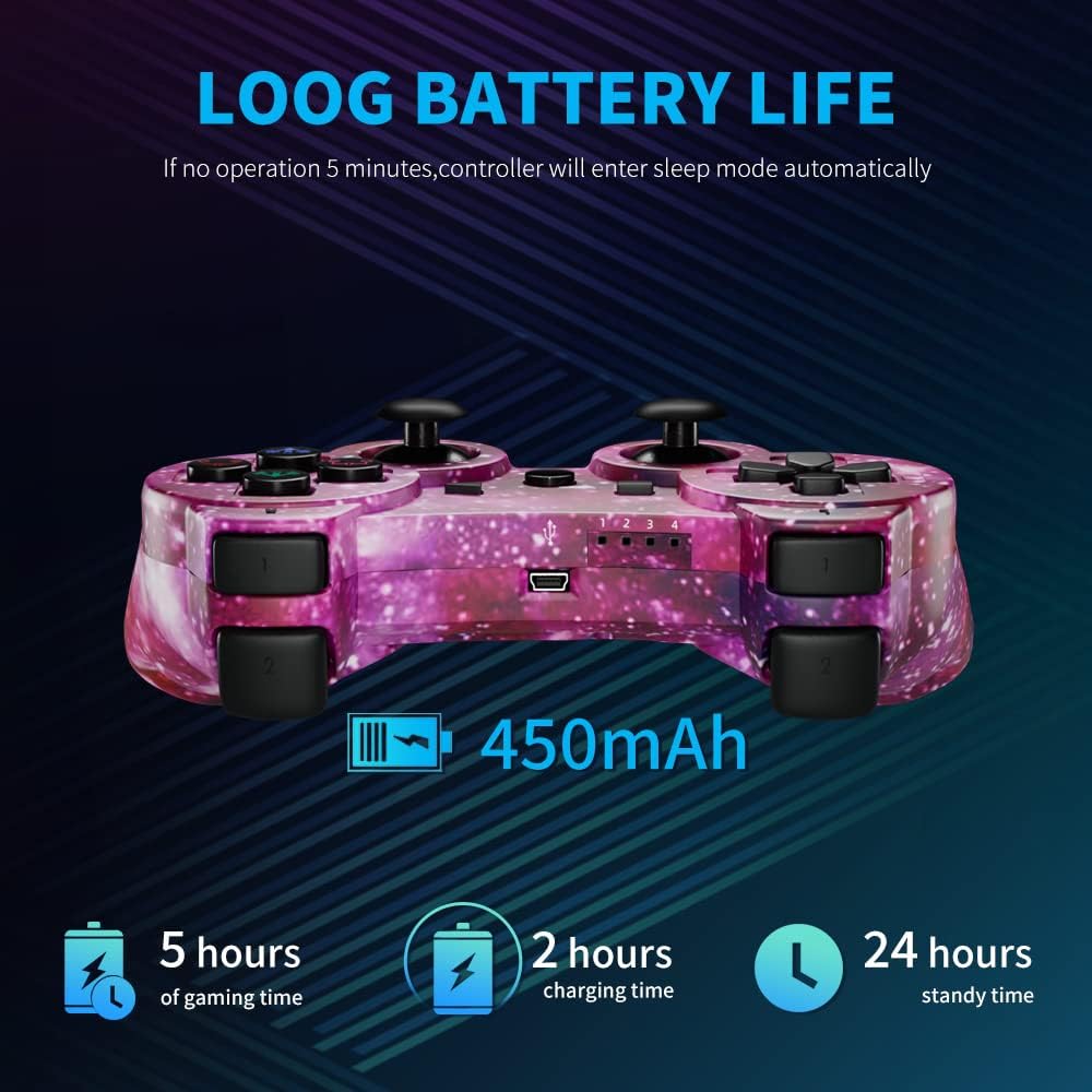 Bowei PS3 Controller Wireless 2 Pack Double Shock Gamepad for Playstation 3 Remotes, Six-Axis Wireless PS3 Controller with Charging Cable, Blue+ Purple