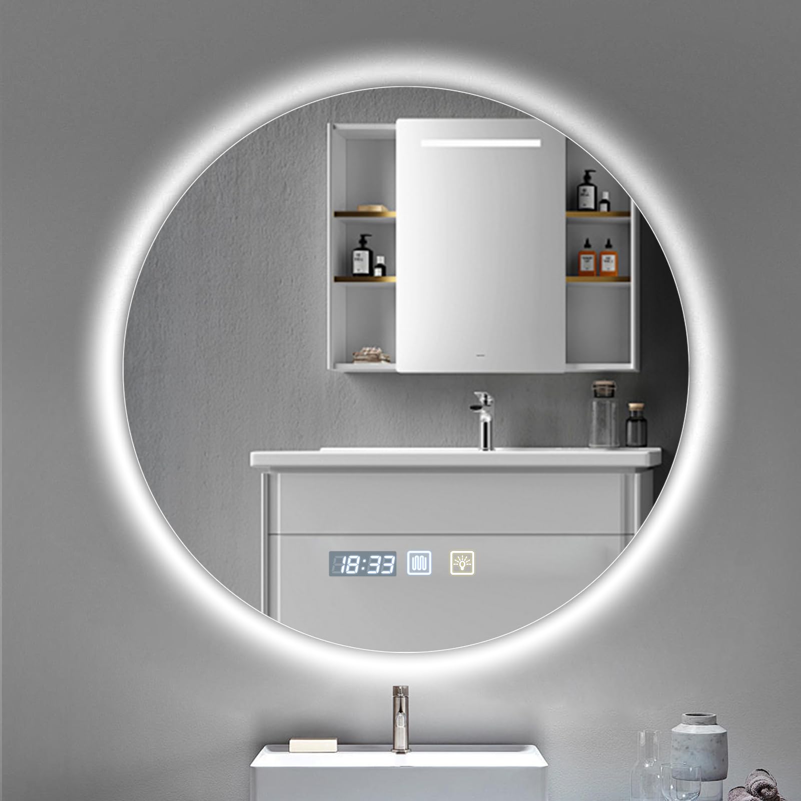 Espejo de baño LED Redondo de 60 x 60 cm, tocador Iluminado montado en la Pared, antivaho, luz Regulable de 3 Colores, Espejo antivaho con Luces retroiluminadas para baño