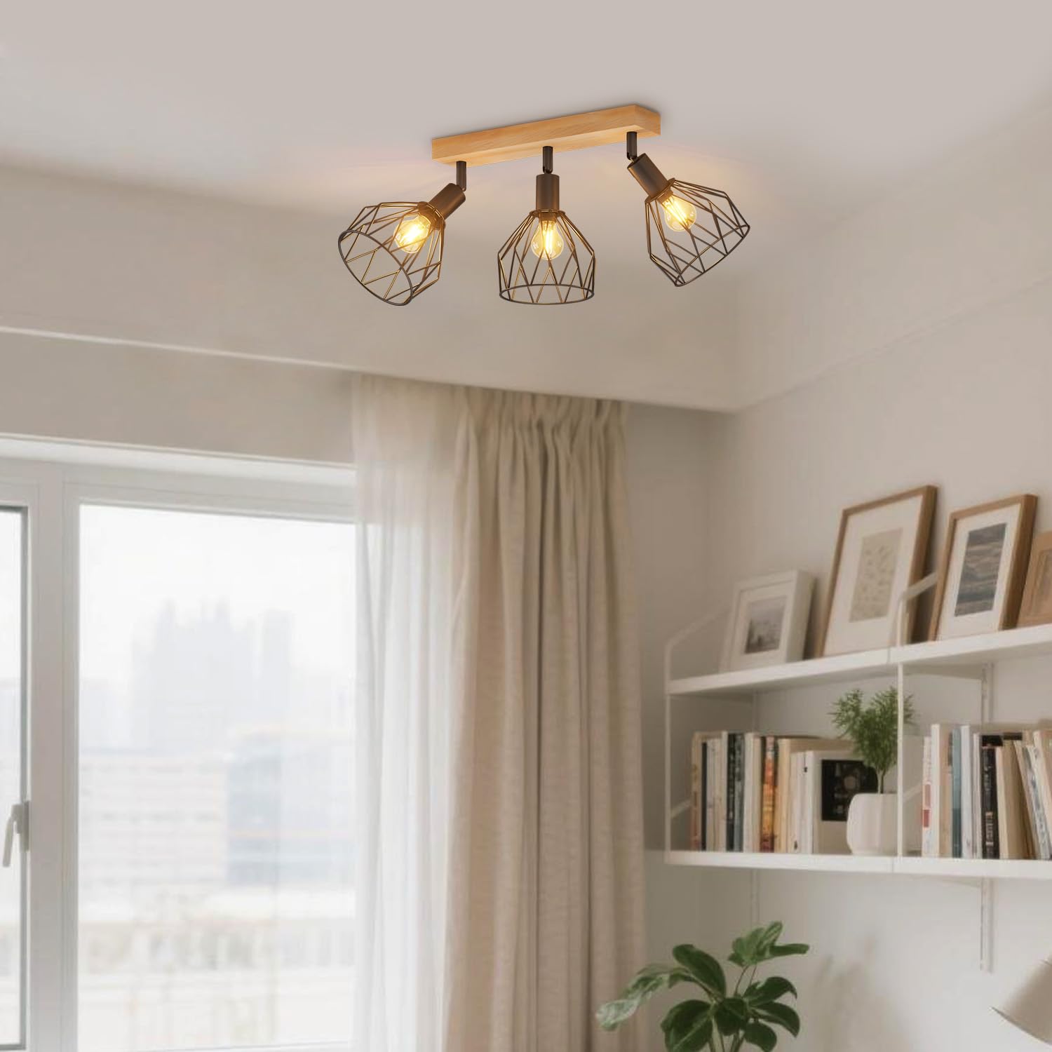 LVWIT Lámpara de Techo de Madera Negra,Focos de Techo,Lámparas de Pared de Cocina con E14,Focos de Luz Ajustables de 3 Vías,Lámparas de Pared Industriales (SIN Bombillas)
