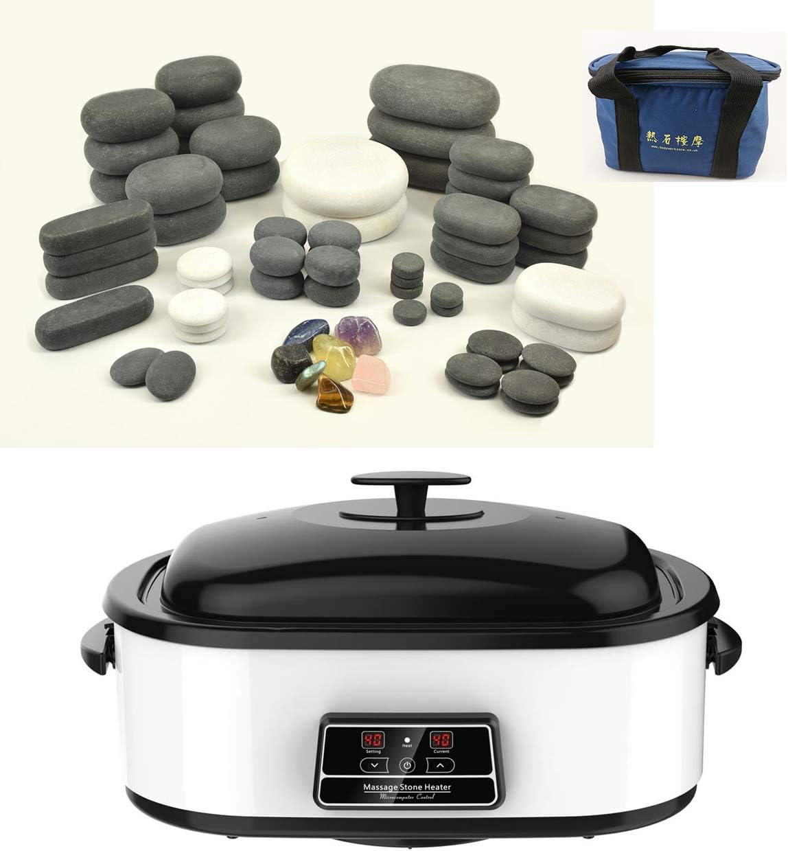 MassageMaster HOT/Cold Stone Massage KIT: 68 Basalt/Marble Stones + 17 Litre (18 Quart) Digital Heater