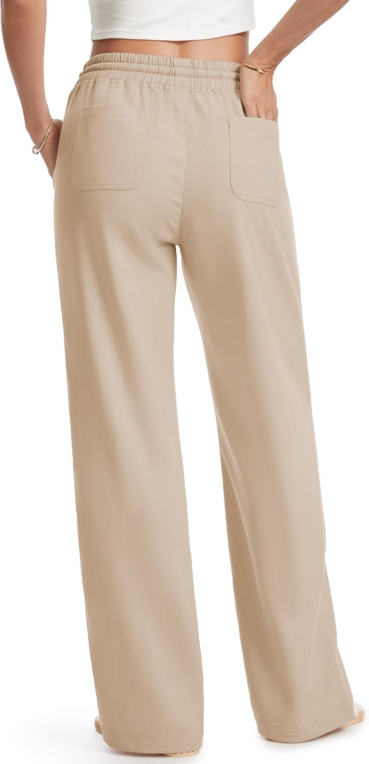 Petite Women Casual Linen Pants 26"/28" Wide Leg Drawstring Waist Lounge Beach Summer Trousers with Pockets - Image 2