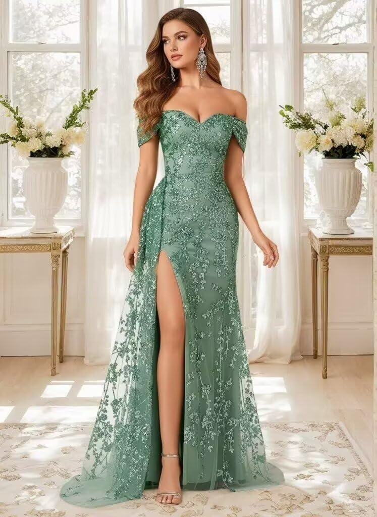 AKLASU Lace Applique Prom Dress 2026 Tulle Mermaid Off Shoulder Prom Dresses Long Formal Evening Party Gowns with Slit