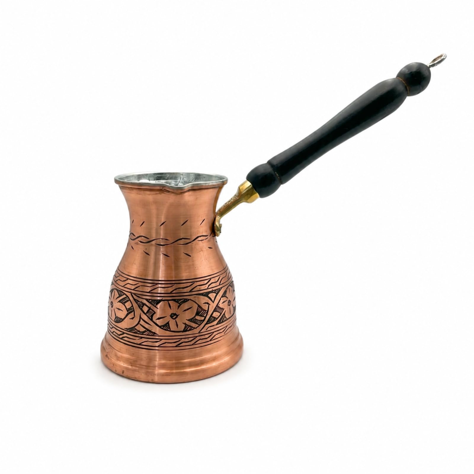 perfk per Caffè Turco Pentolino I Artigianale in Rame Puro con Motivi Incisi E Manico Ergonomico in Legno per Preparazione su Sabbia O Fornello Adatto per, Copper, 170ML