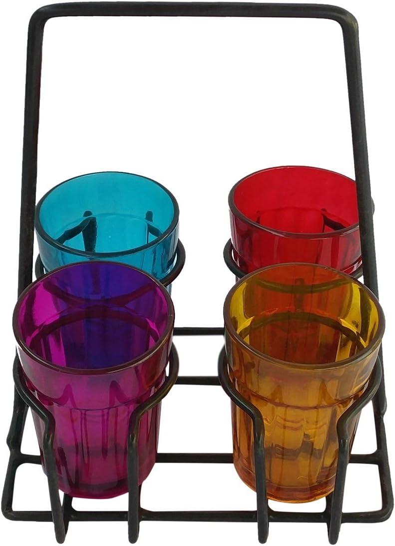 Colourful Chai Glasses Set of 4 With Holder/Cutting Chai Glass Set of 4/ Old Fashioned Tea Glass Set With Stand
