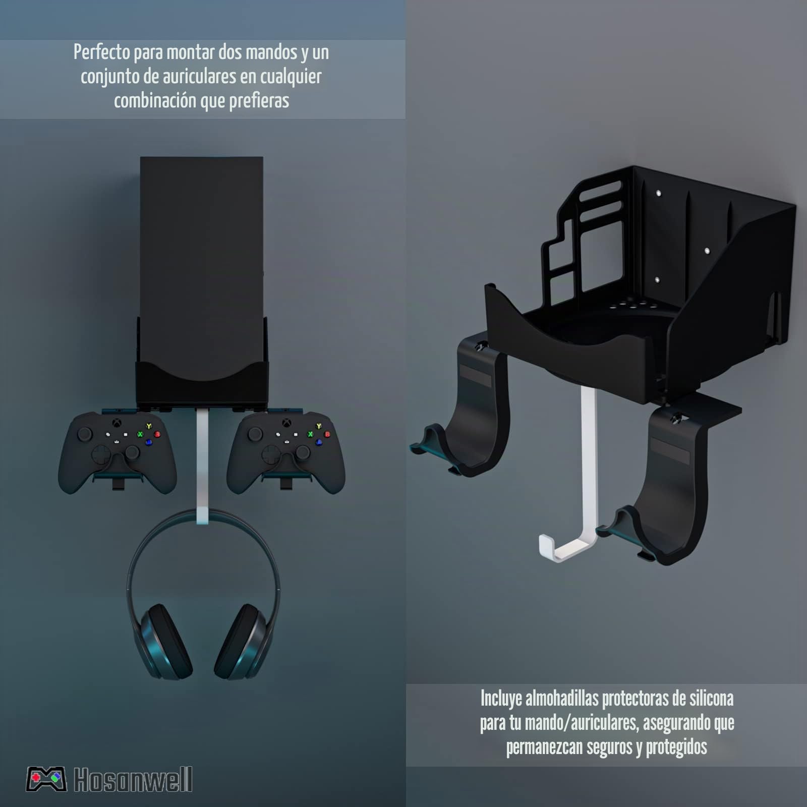 Hosanwell Soporte Pared Xbox Series X Montaje Pared para Consola, Controlador y Auriculares, Soporte Sólido con Alfombrilla Antideslizante, Muesca de Carga Disponible para Cable USB